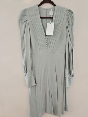 Designer Women's Pleated front V-Neck Long Sleeve Dress - Sage, Size S